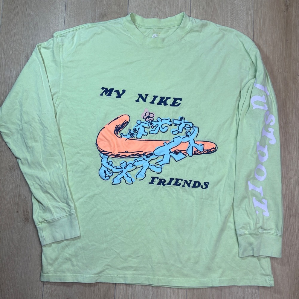 Nike My Nike Friends Long Sleeve T-Shirt Graphic Tee Lime Green Mens Large